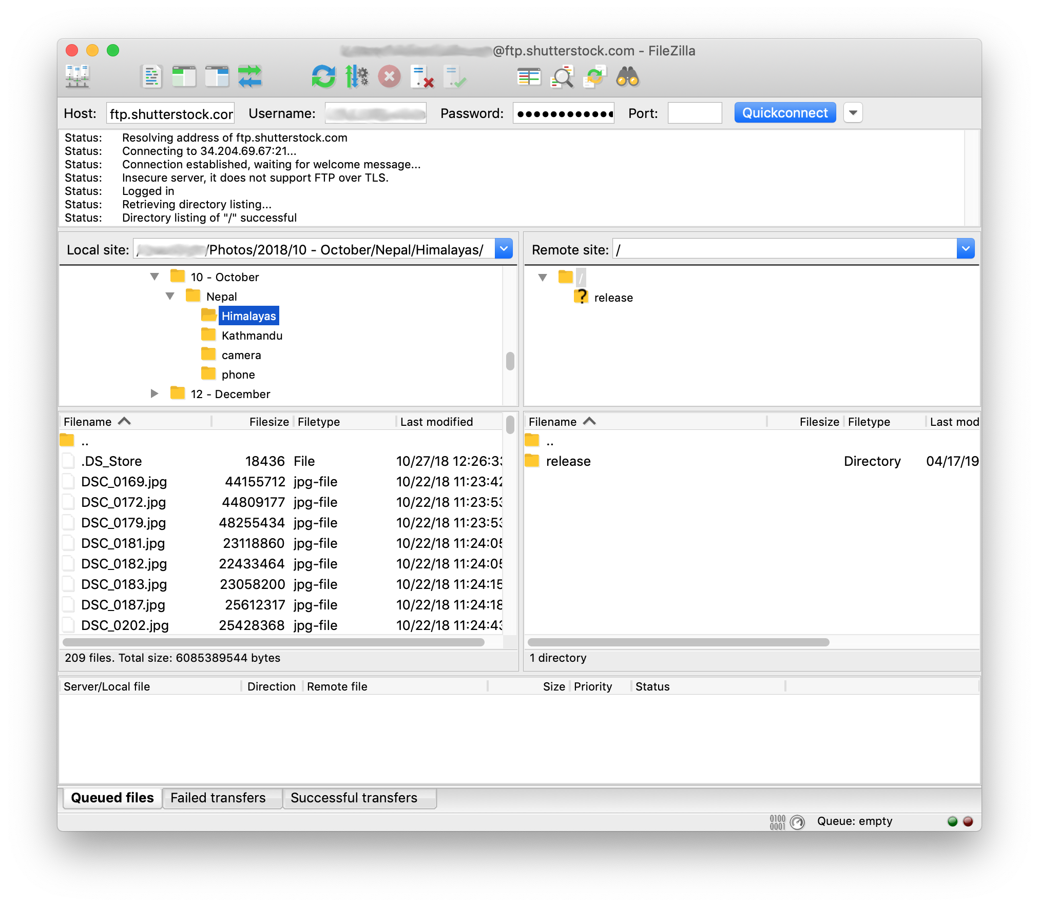 FileZilla connected to FTP server