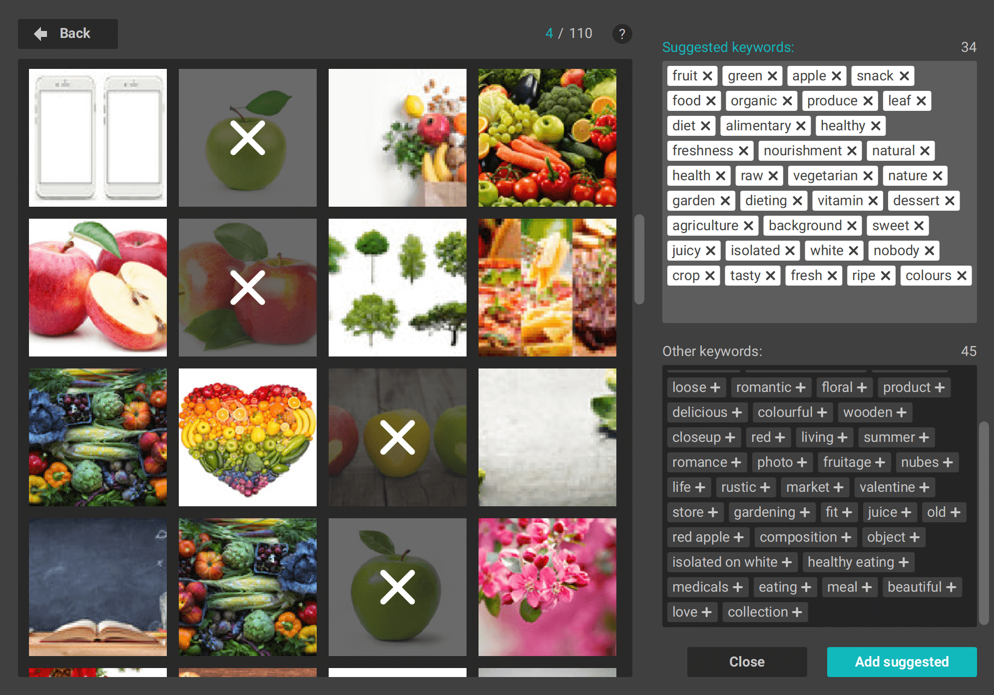 Selecting keywords by thumbnails