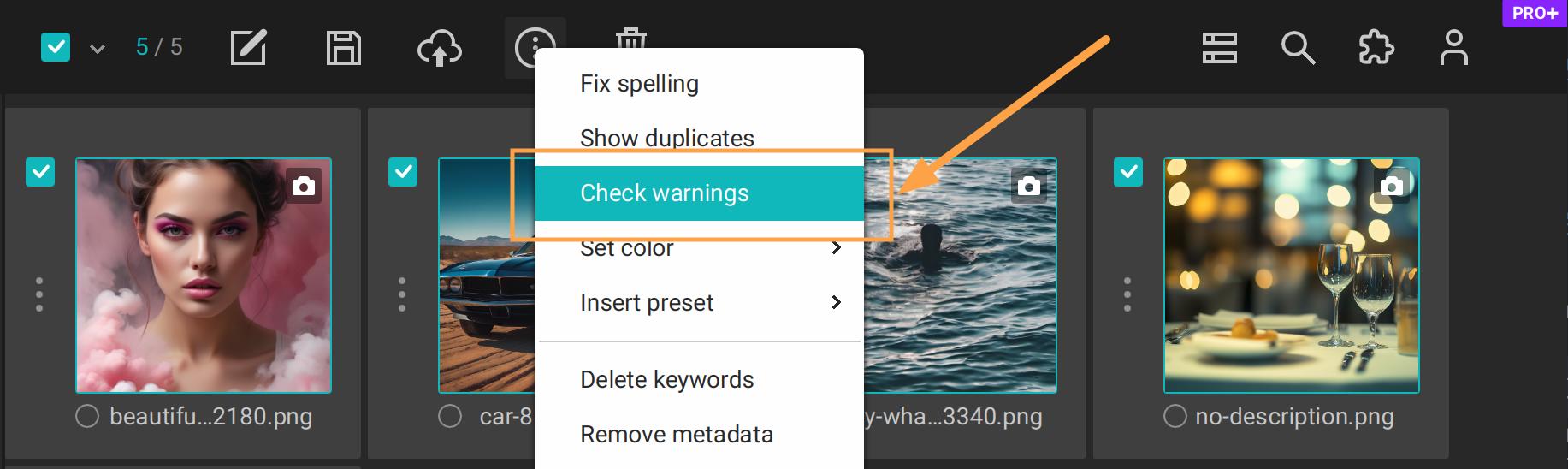 Warnings in selected