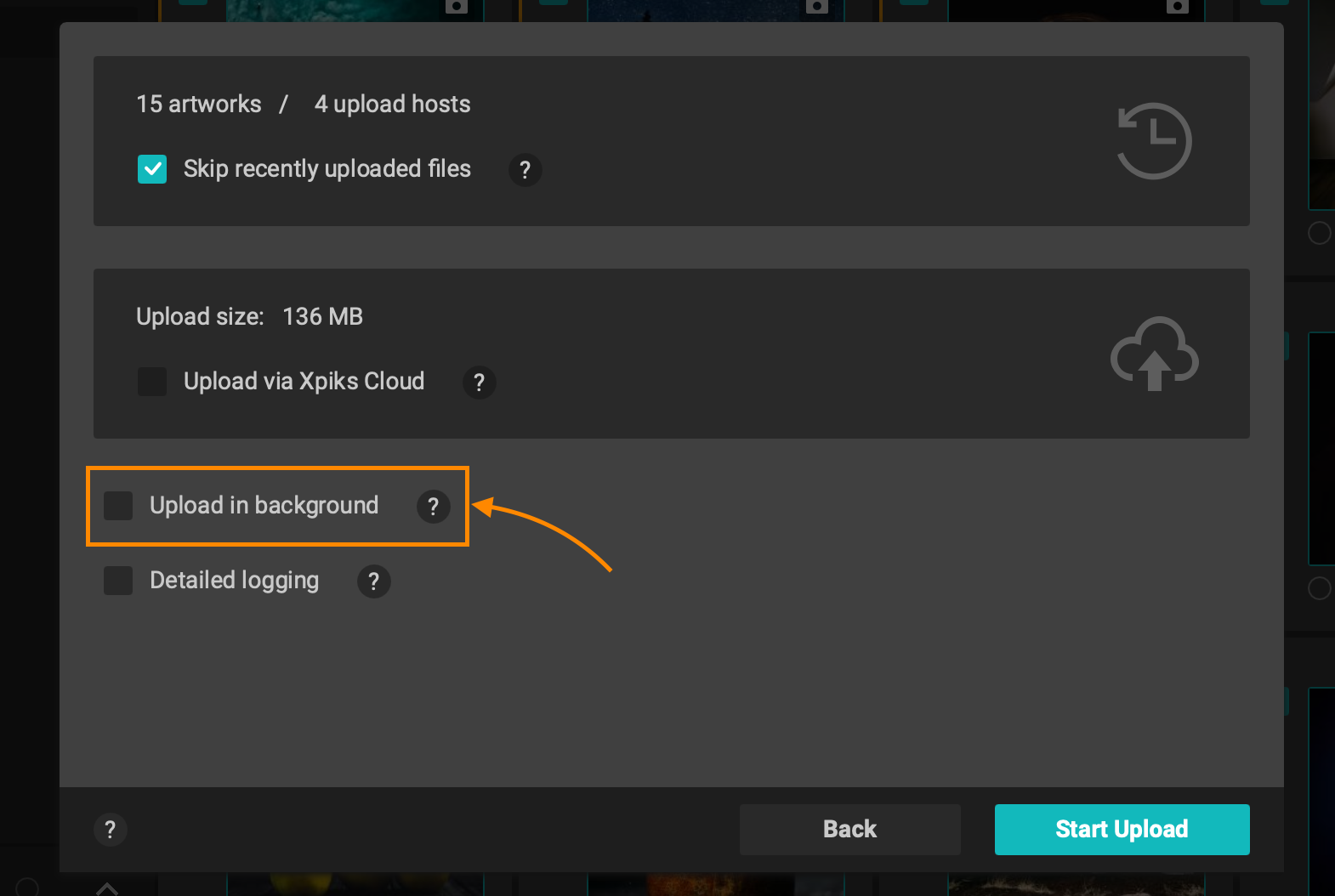 Background upload checkbox