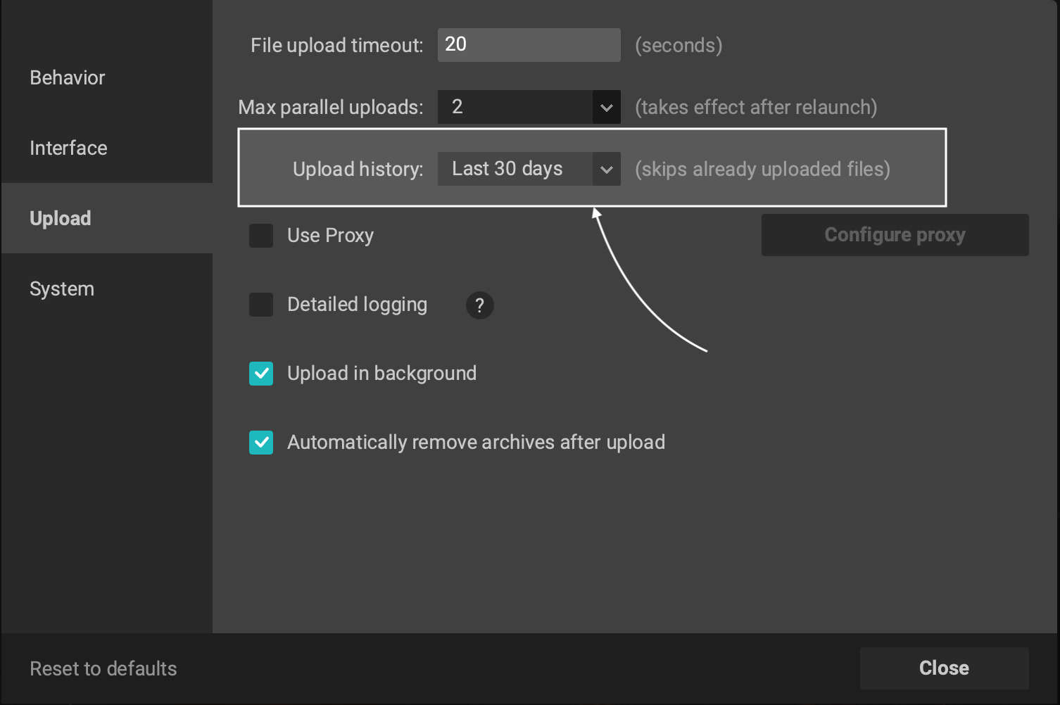 Upload history settings